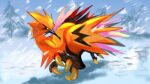 beak closed_mouth commentary_request day galarian_zapdos looking_to_the_side no_humans outdoors pecohophop pokemon pokemon_(creature) running snow snowing solo talons tree 