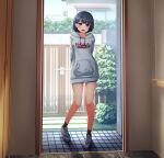  1girl absurdres arms_behind_back bangs black_hair blue_eyes blush building day fence highres hood hoodie looking_at_viewer open_mouth original shoes short_hair smile socks solo standing thighs tile_floor tiles yusuhara 