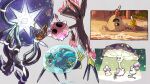  araquanid closed_mouth commentary_request dewpider evolutionary_line glowing highres minior morelull no_humans odo_7ta palossand pokemon pokemon_(creature) sand shiinotic shore signature smile ultra_beast water xurkitree 