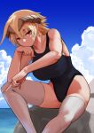  1girl artist_name black_swimsuit blonde_hair blue_sky breasts clouds day feet_out_of_frame fujioka_yatsufusa head_rest highres horns krushu_cornou large_breasts medium_hair on_rock one-piece_swimsuit outdoors pixiv_fantasia pixiv_fantasia_last_saga pointing red_eyes sitting sky solo swimsuit thigh-highs water white_legwear 