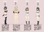 4girls aqua_bra aqua_panties arched_back arms_behind_back atago_(kancolle) bare_arms bare_legs bare_shoulders barefoot beret black_bra black_gloves black_hair black_panties blonde_hair blue_eyes blue_headwear blue_panties blush bra breast_hold breasts cassandra_(seishun_katsu_sando) choukai_(kancolle) collarbone commentary contrapposto crossed_arms elbow_gloves from_side full_body gloves groin hair_between_eyes hand_on_own_chest hat highres kantai_collection large_breasts long_hair looking_at_viewer maya_(kancolle) midriff mini_hat multiple_girls navel panties red_eyes remodel_(kantai_collection) short_hair standing takao_(kancolle) thigh-highs thigh_gap thighs toes translation_request underwear underwear_only white_bra white_panties yellow_bra yellow_panties 