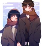  2boys black_hair blue_background blush braid brown_coat brown_hair brown_sweater closed_eyes closed_mouth coat commentary english_commentary genshin_impact grey_sweater grin hand_in_pocket highres holding_hands irkg_gi long_sleeves looking_at_another male_focus multiple_boys open_mouth orange_eyes orange_scarf rectangular_eyewear red_scarf scarf shirt smile sweater twin_braids upper_body venti_(genshin_impact) white_shirt winter_clothes zhongli_(genshin_impact) 