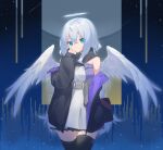  1girl bangs bare_shoulders belt belt_buckle black_jacket black_legwear breasts buckle closed_mouth dress eyebrows_behind_hair feathered_wings fhang green_eyes grey_belt grey_hair hair_between_eyes halo hand_up jacket long_hair off_shoulder open_clothes open_jacket original small_breasts smile solo thigh-highs white_dress white_wings wings 