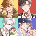  4boys artem_wing_(tears_of_themis) bangs black_jacket blue_eyes brown_eyes brown_hair brown_vest closed_mouth doll earrings forehead glasses green_background green_jacket grin h_haluhalu415 highres holding jacket jewelry looking_at_viewer luke_pearce_(tears_of_themis) marius_von_hagen_(tears_of_themis) mole mole_under_eye multiple_boys necklace one_eye_closed open_mouth polo_shirt purple_background purple_hair red_background rosa_(tears_of_themis) shirt simple_background smile tears_of_themis teeth vest violet_eyes vyn_richter_(tears_of_themis) white_hair white_jacket white_shirt yellow_background yellow_eyes 