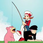  1boy 1girl blue_overalls blush bow brown_eyes brown_hair cabbie_hat closed_mouth clouds commentary_request crossed_legs day fishing fishing_rod grass hat hat_bow holding holding_fishing_rod jaho long_hair lyra_(pokemon) outdoors overalls pokemon pokemon_(creature) pokemon_(game) pokemon_hgss red_bow red_footwear red_shirt shirt shoes sitting sitting_on_person sky slowpoke smile team_galactic team_galactic_uniform team_rocket_grunt thigh-highs twintails white_headwear white_legwear 