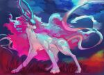  closed_mouth clouds commentary_request from_below moon night no_humans outdoors pecohophop pokemon pokemon_(creature) red_eyes sky solo standing suicune toes 