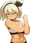 1girl bangs bare_arms bea_(pokemon) black_hairband blonde_hair bow_hairband closed_mouth commentary_request eyelashes grey_eyes hair_between_eyes hairband highres juvenile looking_at_viewer medium_hair mituyota_76 navel pokemon pokemon_(game) pokemon_swsh shiny shiny_hair simple_background solo sports_bra stretch sweat teenage tomboy upper_body white_background young