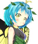  1girl antennae aqua_hair blush breasts butterfly_wings dress eternity_larva fairy green_dress leaf leaf_on_head medium_breasts multicolored_clothes multicolored_dress ochakan parted_lips short_hair simple_background single_strap solo touhou upper_body white_background wings yellow_eyes 