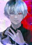  1boy bangs black_hair black_nails black_shirt closed_mouth eyebrows_visible_through_hair grey_hair grey_jacket hand_up highres jacket kaneki_ken kyuuba_melo multicolored_hair nail_polish parted_lips red_background red_eyes sasaki_haise shiny shiny_hair shirt short_hair solo split_screen teeth tokyo_ghoul tokyo_ghoul:re torn_clothes torn_shirt two-tone_hair 