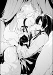  2girls animal_ears blush breasts closed_eyes commentary_request greyscale hairband highres kiss long_hair long_sleeves maid monochrome multiple_girls original pillow sitting tail yuri zanka_(the-only-neat) 