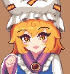  1girl blonde_hair blush brown_background clenched_hand dress eyebrows_visible_through_hair eyelashes fang hair_between_eyes hat long_sleeves looking_at_viewer open_mouth paw_pose pillow_hat pixel_art simple_background skin_fang smile solo standing tabard touhou upper_body white_dress white_headwear yakumo_ran yellow_eyes youmo_de_chihuo 