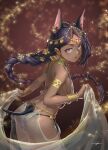  1girl animal_ears armlet ass bangs bare_shoulders bracelet braid breasts character_request commentary_request cowboy_shot dancer dark-skinned_female dark_skin earrings harem_outfit holding jewelry kws leaning_forward light_particles long_hair looking_at_viewer medium_breasts open_mouth sideboob single_braid solo strike_witches tail veil world_witches_series 