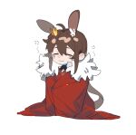  ^_^ ahoge animal_ear_fluff animal_ears arknights ascot bangs black_neckwear blush_stickers brown_hair brown_vest cape closed_eyes closed_mouth crown fur-trimmed_cape fur_trim hair_between_eyes highres long_hair mini_crown molu_stranger rabbit_ears red_cape simple_background smile very_long_hair vest white_background 