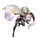  1girl alternate_costume alternate_hair_color bangs book breasts byleth_(fire_emblem) cape clothing_cutout collar collared_cape enlightened_byleth_(female) fire fire_emblem fire_emblem:_three_houses fire_emblem_heroes green_eyes green_hair kakage legwear_under_shorts magic medium_hair navel official_alternate_costume official_art open_mouth pantyhose shorts simple_background solo stomach_cutout tiara 