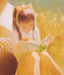  1girl book bow hair_bow highres holding holding_book open_book original out_of_frame outdoors reading sheya_tin sitting solo_focus 