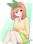  1girl bangs blue_eyes blush breasts brown_sweater closed_mouth collared_shirt commentary eyebrows_behind_hair feet_out_of_frame go-toubun_no_hanayome gradient gradient_background green_background green_ribbon green_skirt hair_between_eyes highres knees_together_feet_apart kujou_karasuma long_sleeves medium_breasts nakano_yotsuba orange_hair pleated_skirt ribbon shirt signature skirt smile solo sweater symbol-only_commentary white_shirt wings 