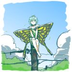  1girl antennae aqua_hair barefoot blush butterfly_wings closed_mouth dress eternity_larva fairy green_dress hair_between_eyes highres leaf leaf_on_head multicolored_clothes multicolored_dress nama_udon short_hair single_strap sitting smile solo touhou wings yellow_eyes 