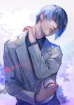  1boy bangs black_shirt blue_hair collared_shirt commentary_request gradient gradient_background grey_jacket head_tilt highres jacket kyuuba_melo long_sleeves looking_at_viewer male_focus necktie red_eyes red_necktie shiny shiny_hair shirt short_hair solo tokyo_ghoul tsukiyama_shuu upper_body 