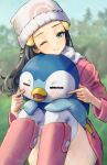  1girl black_hair blurry blurry_background blush boots cheek_poking forest hair_ornament hat highres hikari_(pokemon) jacket knee_boots knees_up long_hair nature one_eye_closed open_mouth outdoors over-kneehighs pink_footwear pink_jacket piplup pokemon pokemon_(creature) pokemon_(game) pokemon_dppt poking sitting smile thigh-highs tree white_legwear yun_bo_(yumbocchi) 