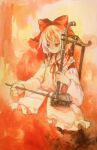  1girl ancient blonde_hair bow chair commentary_request detached_sleeves erhu highres instrument japanese_clothes kaigen_1025 miko music playing_instrument red_bow red_eyes red_skirt satsuki_rin shirt short_hair sitting skirt touhou white_shirt wide_sleeves wooden_chair 