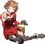  1girl animal bandaid bandaid_on_face black_legwear blush boots brown_eyes brown_footwear buttons crab drew_(drew213g) full_body fur-trimmed_boots fur_trim kantai_collection light_brown_hair long_sleeves oboro_(kancolle) official_art one_eye_closed open_mouth pantyhose pet short_hair solo torn_clothes torn_legwear transparent_background 