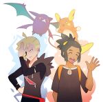  2boys :d alolan_raichu blonde_hair closed_eyes closed_mouth commentary_request crobat dark-skinned_male dark_skin frown gladion_(pokemon) hair_over_one_eye hand_up hau_(pokemon) hood hoodie jaho male_focus multiple_boys open_mouth pokemon pokemon_(creature) pokemon_(game) pokemon_sm shirt short_hair short_ponytail short_sleeves smile teeth tongue upper_teeth 