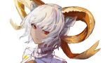  1girl absurdres animal_ears arknights bangs carnelian_(arknights) closed_mouth dark_skin goat_ears goat_girl goat_horns highres horns portrait red_eyes short_hair silver_hair simple_background sixtea0321 solo white_background 