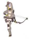  1girl :3 bikini black_bikini blue_hair bow_(weapon) breasts enkyo_yuuichirou full_body hand_on_hip highres holding holding_bow_(weapon) holding_weapon hood hood_up hoodie large_breasts looking_at_viewer mask mask_on_head navel negative_space open_clothes open_hoodie pink_eyes short_hair simple_background single_sock single_thighhigh smile socks solo standing swimsuit thigh-highs weapon white_background 