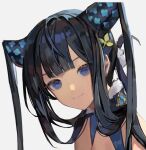  1girl bad_id bad_twitter_id black_hair character_request chyoel closed_mouth fate/grand_order fate_(series) hair_ornament head_tilt highres long_hair looking_at_viewer portrait simple_background smile solo violet_eyes white_background 