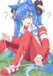  1girl ? animal_ears bangs black_ribbon blue_eyes blue_hair commentary_request eyebrows_visible_through_hair feet_out_of_frame hair_between_eyes hair_ribbon heterochromia horse_ears horse_girl horse_tail jacket knees_up long_sleeves miri_(ago550421) multicolored_hair on_grass open_mouth pants red_jacket red_pants ribbon sharp_teeth shoes short_eyebrows sitting solo tail teeth thick_eyebrows track_jacket track_pants track_suit twin_turbo_(umamusume) two-tone_hair umamusume violet_eyes white_background white_footwear 