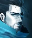  1boy beard blue_eyes blue_shirt burythekidd close-up closed_mouth facial_hair forehead gradient gradient_background highres league_of_legends male_focus mustache scar scar_on_face scar_on_nose serious shaded_face shirt simple_background solo thick_eyebrows yasuo_(league_of_legends) 