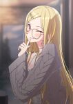  1girl ;) aran_sweater bangs blonde_hair blurry blurry_background blush bra breasts earrings facial_mark glasses grey_sweater heart highres index_finger_raised jewelry large_breasts long_hair long_sleeves looking_at_viewer luis_cammy mole mole_under_mouth necklace nijisanji off_shoulder one_eye_closed ougimaneki parted_bangs parted_lips red_eyes single_bare_shoulder smile solo sweater underwear very_long_hair virtual_youtuber white_bra yellow-framed_eyewear 