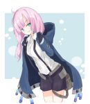  1girl arknights arms_behind_back bangs blue_eyes blue_jacket blue_poison_(arknights) elite_ii_(arknights) hood hood_down jacket looking_to_the_side low_twintails obasas_nyan pink_hair shirt shorts solo suspenders twintails white_shirt 