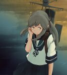  absurdres belt blue_sailor_collar blue_skirt brown_eyes closed_mouth clouds cloudy_sky dated eyebrows_visible_through_hair grey_hair hair_ribbon hand_on_own_cheek hand_on_own_face highres kantai_collection kuragare long_hair looking_at_viewer machinery ocean pleated_skirt ponytail red_ribbon ribbon rigging sailor_collar school_uniform serafuku short_sleeves sidelocks skirt sky usugumo_(kancolle) 