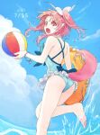  1girl ass ball barefoot beachball breasts clouds feet hair_ribbon innertube itsuki_(s2_129) long_hair looking_at_viewer millie_chliette open_mouth pink_eyes pink_hair pointy_ears ponytail ribbon solo star_ocean star_ocean_anamnesis star_ocean_first_departure swimsuit water 