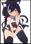  1girl animal_ear_fluff animal_ears bangs black_border black_hair black_legwear black_panties blush border breasts caburi cat_ears cat_girl cat_tail closed_mouth eyebrows_visible_through_hair green_eyes highres karyl_(princess_connect!) long_hair looking_at_viewer low_twintails medium_breasts multicolored_hair nose_blush panties princess_connect! simple_background sitting sleeveless solo streaked_hair tail thigh-highs twintails underwear very_long_hair white_background white_hair 