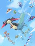  closed_mouth clouds commentary_request day dragapult dreepy flying from_below highres huntail kite looking_up no_humans outdoors patrat pokemon pokemon_(creature) sky solo string zucky_(yuni) 