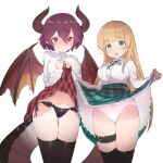  2girls anne_(shingeki_no_bahamut) black_legwear black_panties blush breasts caburi closed_mouth clothes_lift dragon_horns dragon_tail dragon_wings english_commentary eyebrows_visible_through_hair frilled_skirt frills grea_(shingeki_no_bahamut) hair_between_eyes highres horns large_breasts lifted_by_self long_hair long_sleeves looking_at_viewer multiple_girls neck_ribbon open_mouth panties pink_hair plaid plaid_skirt purple_hair red_eyes red_skirt ribbon shingeki_no_bahamut shirt short_hair side-tie_panties simple_background skirt skirt_lift tail thigh-highs thigh_strap underwear very_long_hair white_background white_panties white_shirt wings 