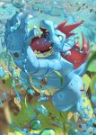  arm_up claws commentary feraligatr grass head_back highres leaves_in_wind looking_up no_humans open_mouth orange_eyes pokemon pokemon_(creature) rock sharp_teeth solo spareribs standing teeth tongue underwater water 