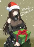 1girl absurdres black_gloves box breasts brown_eyes brown_hair christmas dlarudgml21 fur-trimmed_headwear gift gift_box girls_frontline gloves green_hair hat highres holding holding_gift large_breasts long_hair m4a1_(girls&#039;_frontline) merry_christmas multicolored_hair red_headwear santa_hat sleeveless smile snowing solo streaked_hair 