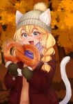  1girl :3 :d animal_ears beanie blonde_hair blue_eyes blurry blurry_background blush bracelet braid brown_coat brown_mittens cat_ears cat_tail charm_(object) coat commission copyright_request depth_of_field ears_through_headwear fang food grey_headwear hat highres holding holding_food jewelry long_hair open_clothes open_coat orange_sweater pretzel purple_scarf scarf smile solo sweater tail temachii twin_braids 