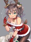  1girl :d afterimage ahoge animal_ears antlers ayaoshiro bangs bare_shoulders blush box brown_hair brown_legwear cat_hair_ornament commentary_request deer_ears deer_tail dress eyebrows_visible_through_hair fake_animal_ears fake_antlers fur-trimmed_dress fur_trim gift gift_box gloves green_eyes grey_background hair_between_eyes hair_ornament hand_up highres hololive long_hair natsuiro_matsuri off-shoulder_dress off_shoulder pantyhose pointing pointing_at_self red_dress red_gloves reindeer_antlers sack short_sleeves side_ponytail simple_background smile solo tail tail_wagging translation_request virtual_youtuber 