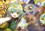  2girls antennae aqua_hair bad_id bad_twitter_id blue_bow blue_dress blue_eyes blue_hair blush bow brown_eyes butterfly_wings cirno dress eternity_larva eyebrows_visible_through_hair eyewear_on_head fairy flower green_dress hair_between_eyes hair_bow highres ice ice_wings leaf leaf_on_head multicolored_clothes multicolored_dress multiple_girls open_mouth short_hair shoudoku_taishi_(taishi) single_strap smile sunflower sunglasses tanned_cirno third-party_source touhou v wings yellow_flower 