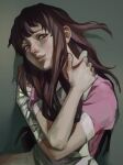  1girl apron artist_name bandaged_arm bandaged_hand bandages bangs brown_eyes brown_hair crossed_arms danganronpa_(series) danganronpa_2:_goodbye_despair grey_apron grey_background hands_up highres hvmbrgrr long_hair parted_lips pink_shirt puffy_short_sleeves puffy_sleeves shirt short_sleeves simple_background symbol-only_commentary tsumiki_mikan 