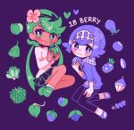  2girls :d bangs berry black_pants black_skirt blush_stickers bright_pupils catsubun_(kkst0904) commentary dark-skinned_female dark_skin eyelashes flower green_footwear green_hair hairband heart holding lana_(pokemon) long_hair mallow_(pokemon) multiple_girls pants pink_flower pleated_skirt pokemon pokemon_(anime) pokemon_sm_(anime) purple_background purple_hair shirt shoes short_hair simple_background skirt smile swept_bangs twintails white_pupils 