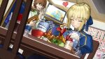  1boy 1girl ^^^ ahoge armor armored_dress artoria_pendragon_(fate) bangs black_eyes blonde_hair blue_bow blue_dress blue_ribbon blurry blurry_foreground blush bow bowl bowl_stack brown_hair ceiling_light chair chicken_nuggets chopsticks closed_eyes closed_mouth dress eating eyebrows_visible_through_hair fate/extella fate/extra fate_(series) food food_on_face fried_food fruit game_cg gauntlets glass hair_bow hair_ribbon happy heart highres holding holding_bowl holding_chopsticks holding_wallet kishinami_hakuno_(male) lemon lemon_slice long_sleeves looking_at_another nervous_smile non-web_source official_art photoshop_(medium) restaurant ribbon rice rice_on_face room saber salad salt_shaker sitting soy_sauce standing sweat table television tempura wada_arco wallet water 