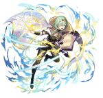  1girl alternate_costume alternate_hair_color bangs breasts byleth_(fire_emblem) cape clothing_cutout collar collared_cape enlightened_byleth_(female) fire fire_emblem fire_emblem:_three_houses fire_emblem_heroes flame green_eyes green_hair kakage legwear_under_shorts magic medium_hair navel official_alternate_costume official_art pantyhose shorts simple_background solo stomach_cutout third-party_source tiara 