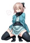  ahoge bangs blush commentary_request eyebrows_visible_through_hair fate/grand_order fate_(series) glglpanda hair_between_eyes haori highres japanese_clothes looking_at_viewer okita_souji_(fate) shinsengumi short_hair squatting thigh-highs thighs white_background yellow_eyes 