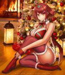  1girl bangs breasts chest_jewel christmas gem hybridmink large_breasts legs pyra_(xenoblade) red_eyes red_legwear redhead short_hair solo swept_bangs thigh-highs tiara xenoblade_chronicles_(series) xenoblade_chronicles_2 