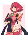  1girl bangs black_gloves breasts chest_jewel closed_eyes earrings fingerless_gloves gem gloves highres jewelry large_breasts mochimochi_(xseynao) pyra_(xenoblade) red_eyes red_legwear red_shorts redhead short_hair short_shorts shorts swept_bangs thigh-highs tiara xenoblade_chronicles_(series) xenoblade_chronicles_2 